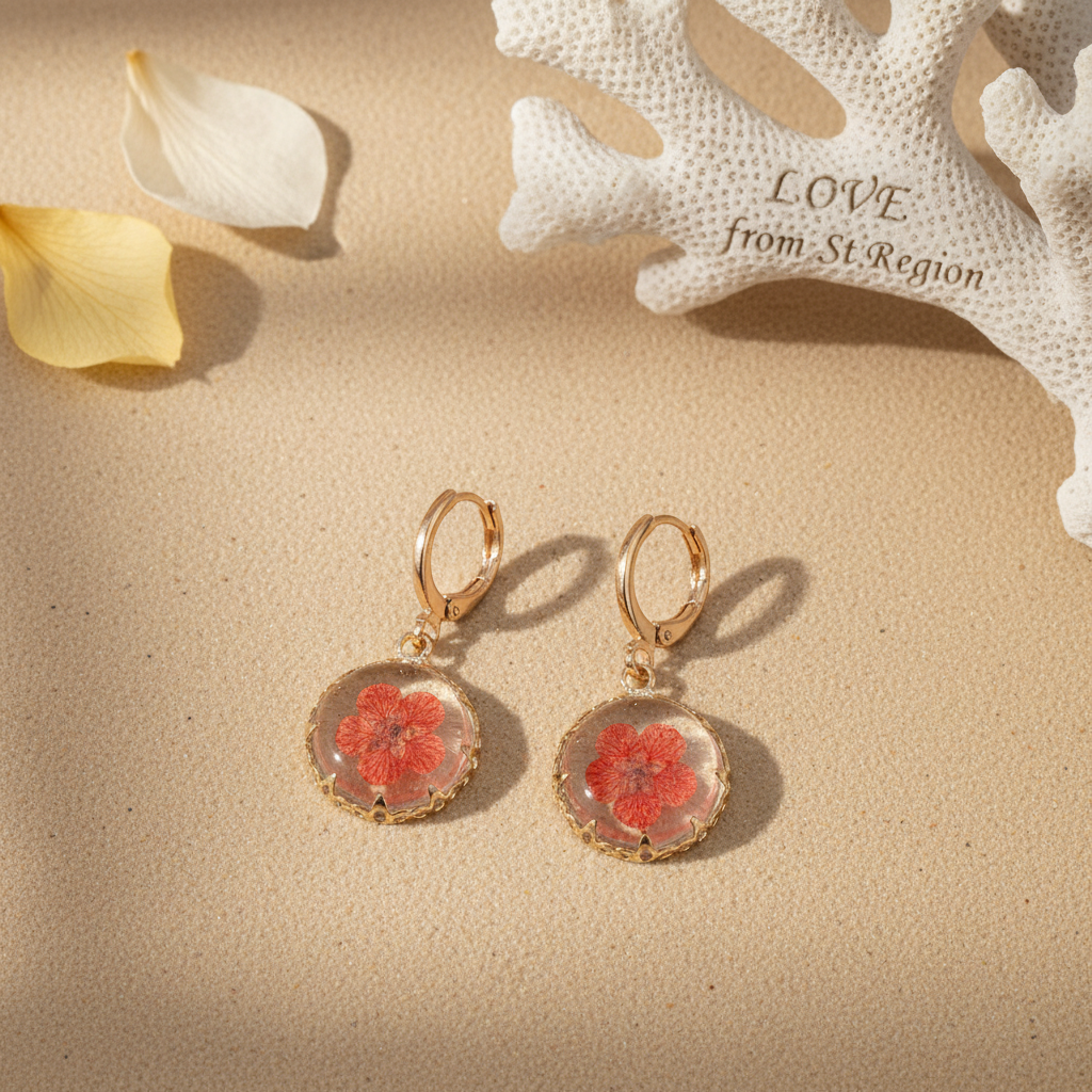 Red Pressed Flower & Goldtone Round Huggie Earrings