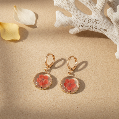 Red Pressed Flower & Goldtone Round Huggie Earrings