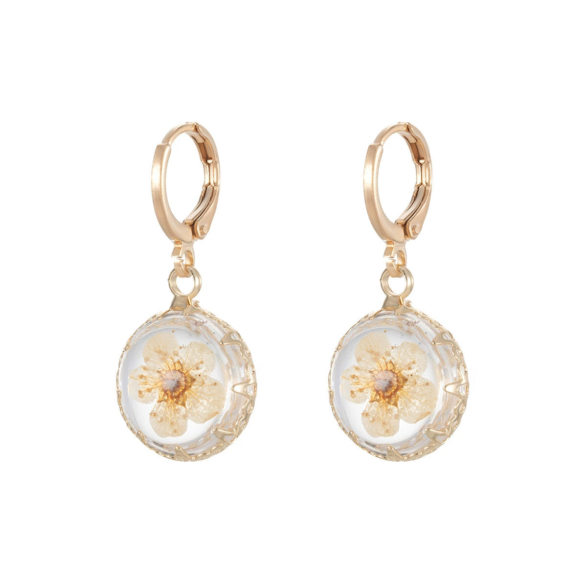 Yellow Pressed Flower & Goldtone Round Huggie Earrings
