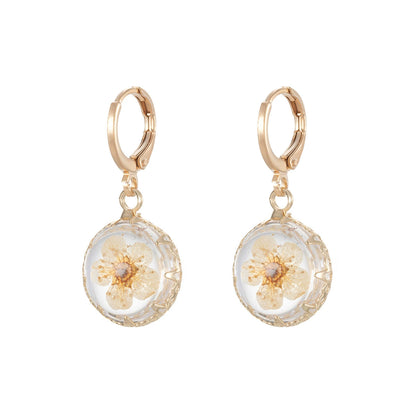 Yellow Pressed Flower & Goldtone Round Huggie Earrings