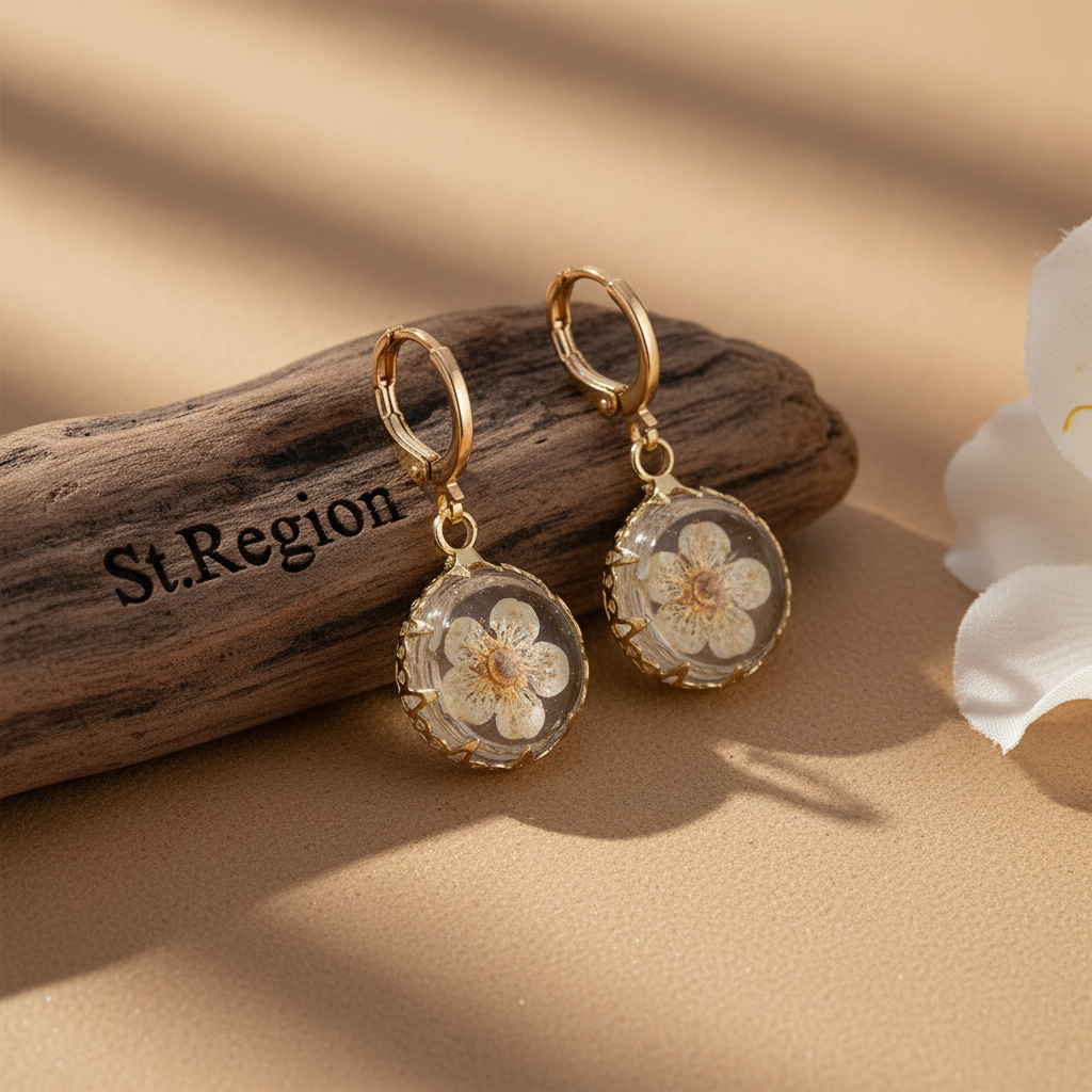 Yellow Pressed Flower & Goldtone Round Huggie Earrings