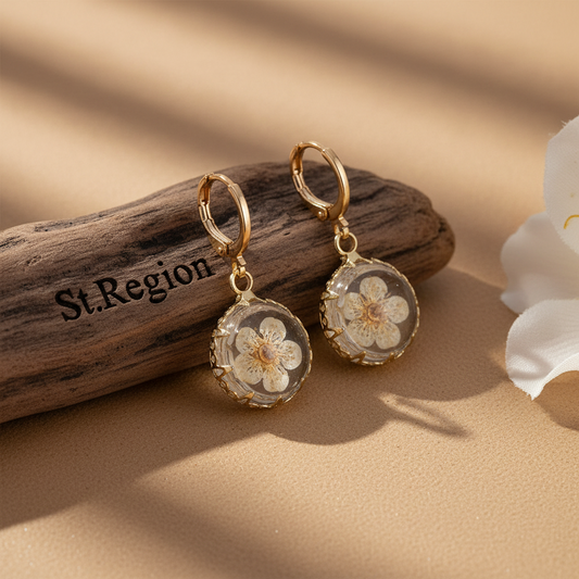 Yellow Pressed Flower & Goldtone Round Huggie Earrings