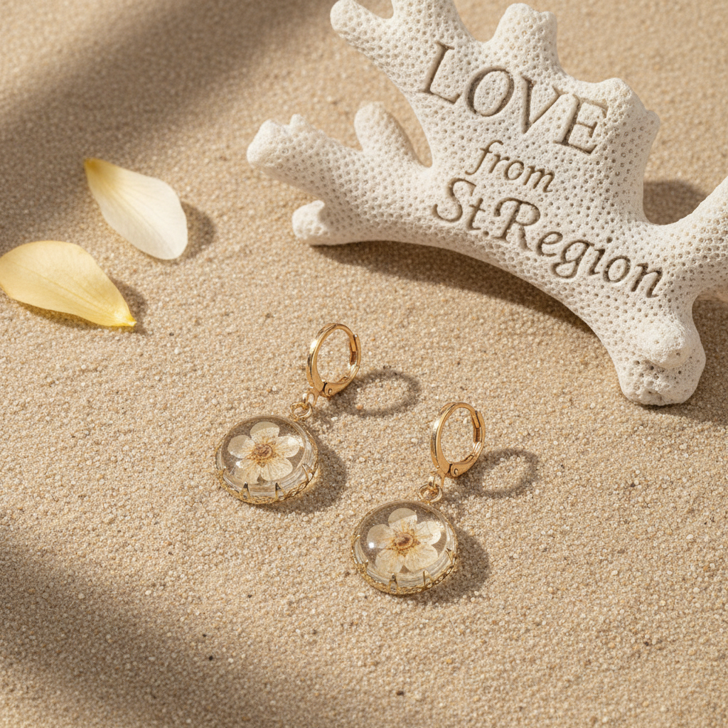 Yellow Pressed Flower & Goldtone Round Huggie Earrings