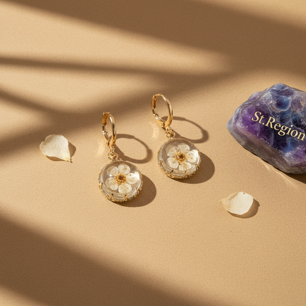 Yellow Pressed Flower & Goldtone Round Huggie Earrings