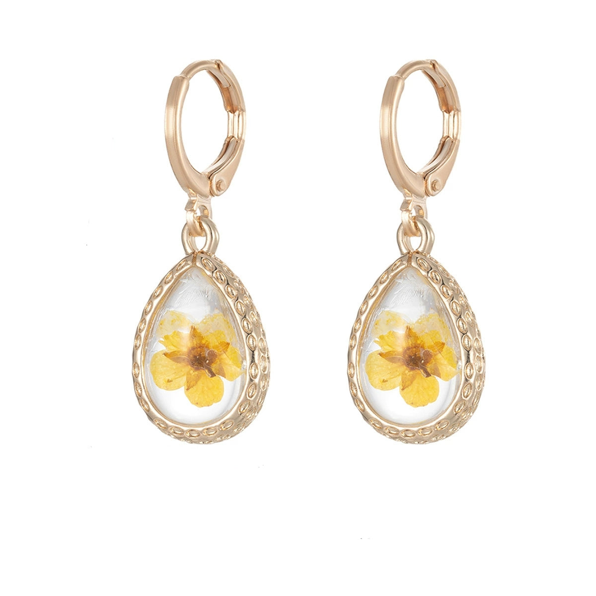 Yellow Pressed Flower & Goldtone Drop Huggie Earrings