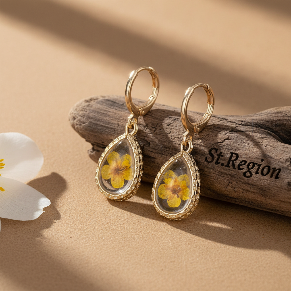 Yellow Pressed Flower & Goldtone Drop Huggie Earrings
