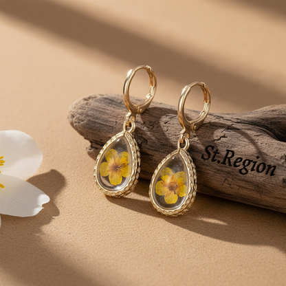 Yellow Pressed Flower & Goldtone Drop Huggie Earrings