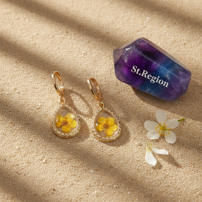 Yellow Pressed Flower & Goldtone Drop Huggie Earrings
