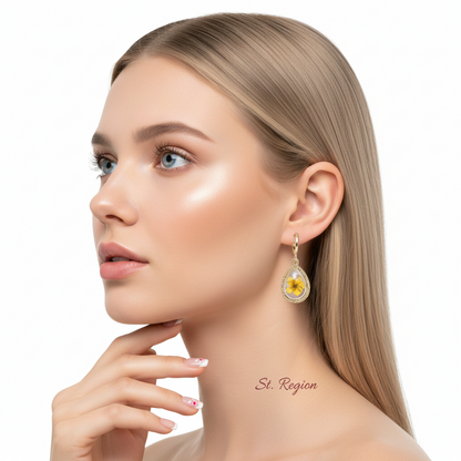 Yellow Pressed Flower & Goldtone Drop Huggie Earrings