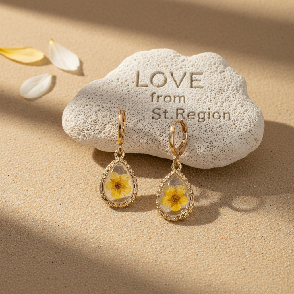 Yellow Pressed Flower & Goldtone Drop Huggie Earrings