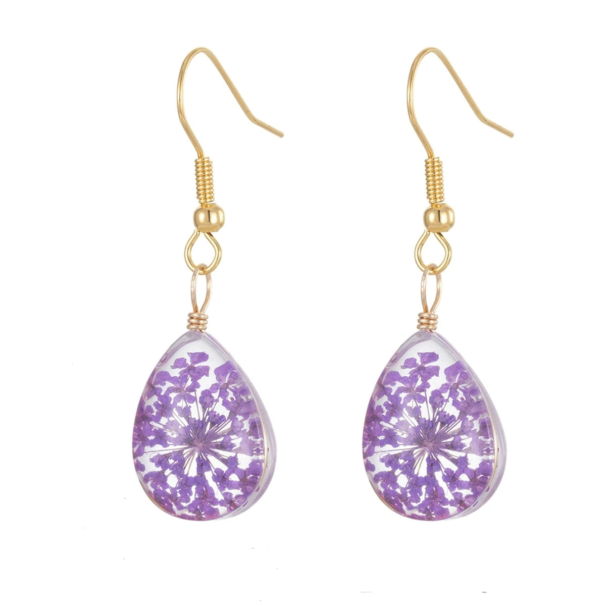 Purple Pressed Flower & Goldtone Drop Hook Earrings