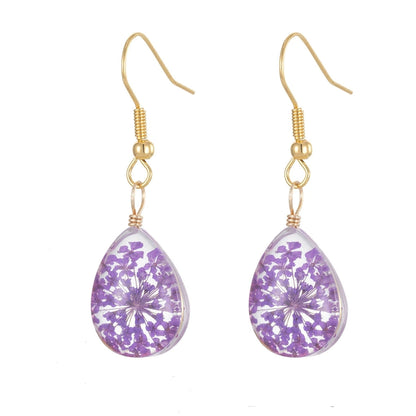 Purple Pressed Flower & Goldtone Drop Hook Earrings