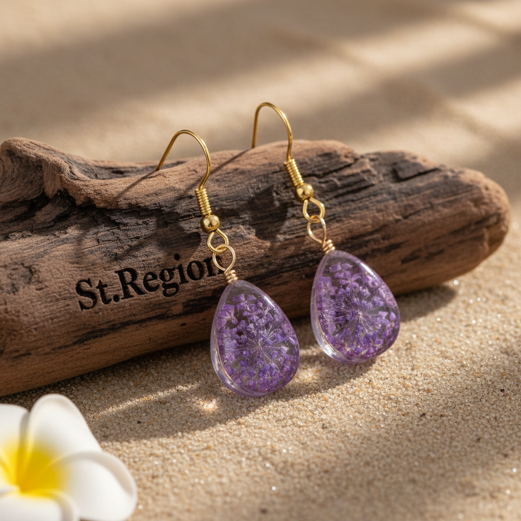 Purple Pressed Flower & Goldtone Drop Hook Earrings