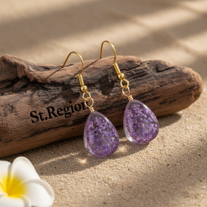 Purple Pressed Flower & Goldtone Drop Hook Earrings