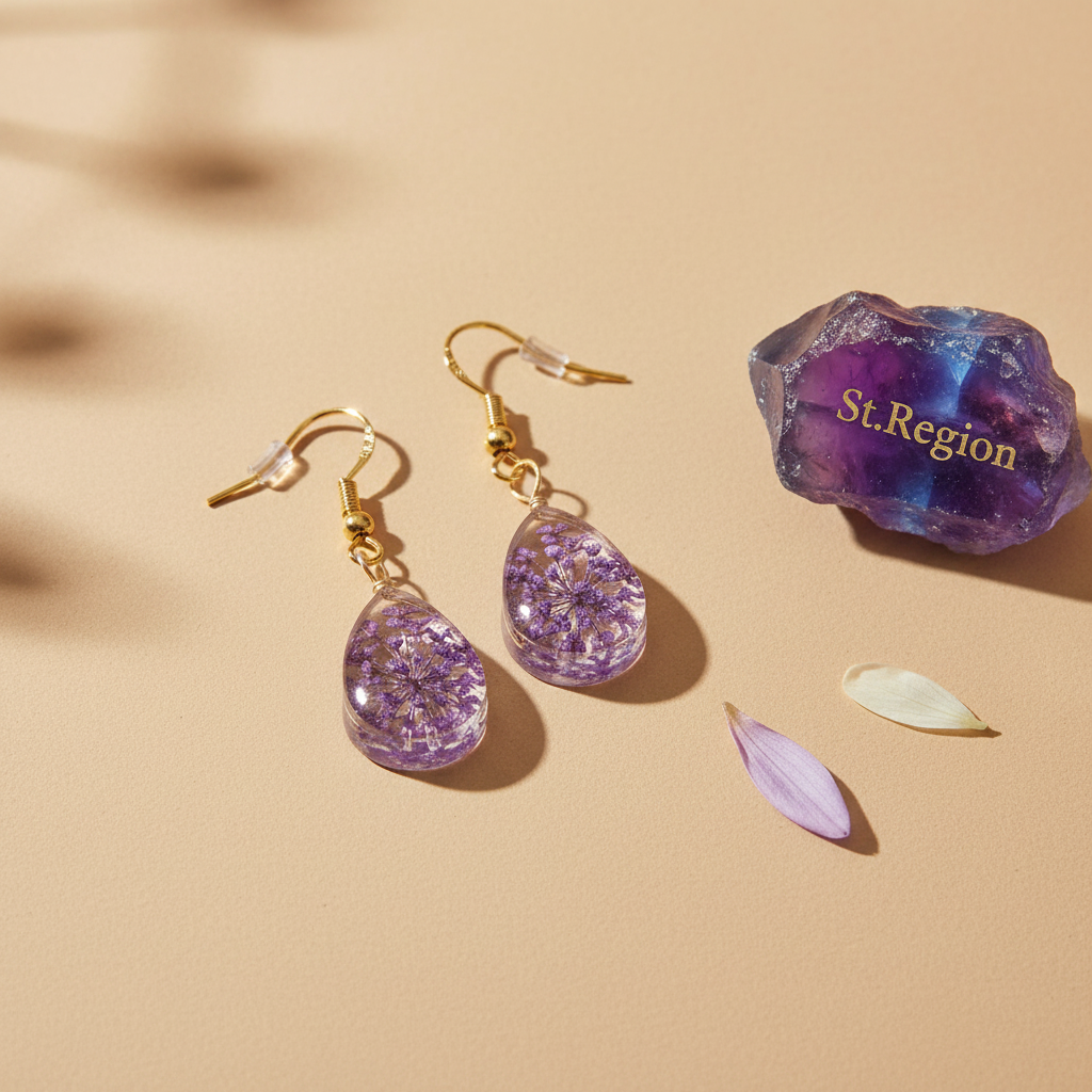 Purple Pressed Flower & Goldtone Drop Hook Earrings