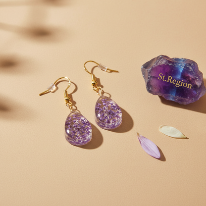 Purple Pressed Flower & Goldtone Drop Hook Earrings