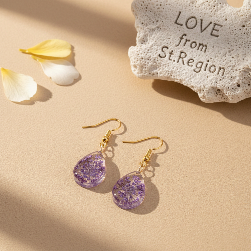 Purple Pressed Flower & Goldtone Drop Hook Earrings