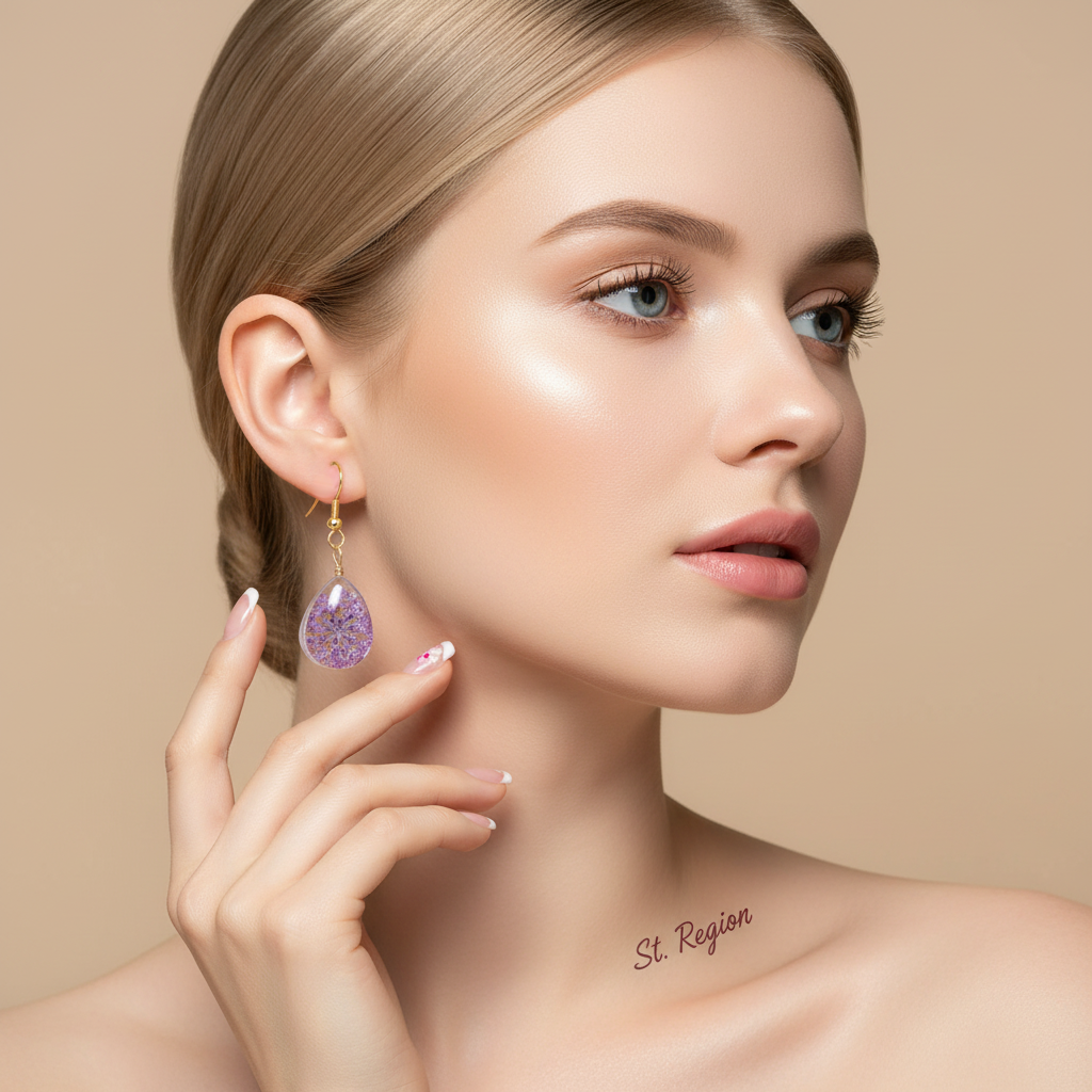 Purple Pressed Flower & Goldtone Drop Hook Earrings