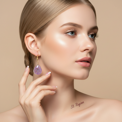 Purple Pressed Flower & Goldtone Drop Hook Earrings