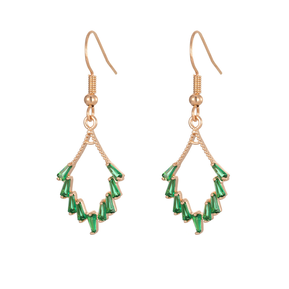 Green Cubic Zirconia & Goldtone Rhombus Hook Earrings