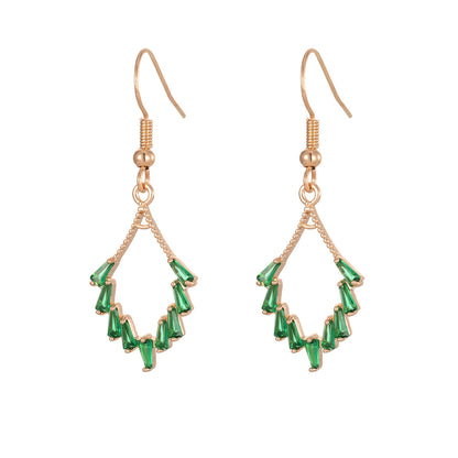 Green Cubic Zirconia & Goldtone Rhombus Hook Earrings