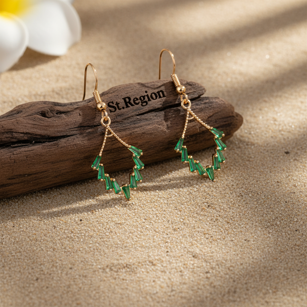 Green Cubic Zirconia & Goldtone Rhombus Hook Earrings