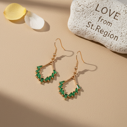 Green Cubic Zirconia & Goldtone Rhombus Hook Earrings