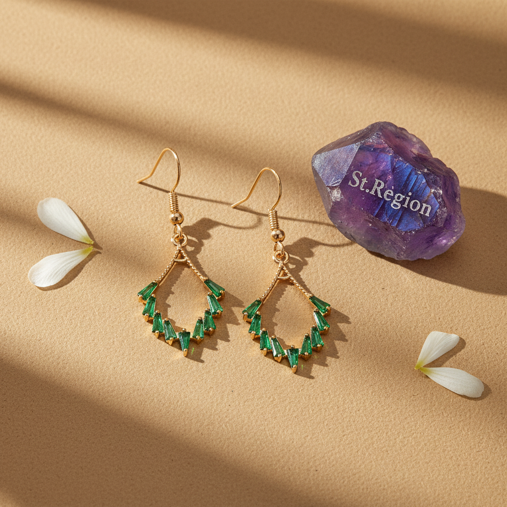 Green Cubic Zirconia & Goldtone Rhombus Hook Earrings