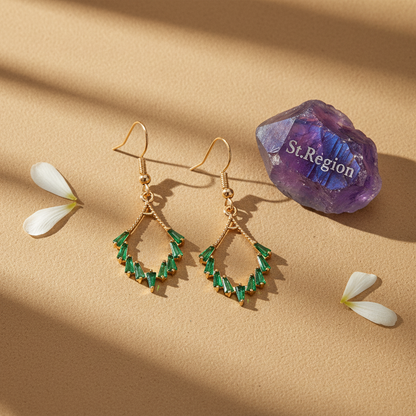 Green Cubic Zirconia & Goldtone Rhombus Hook Earrings