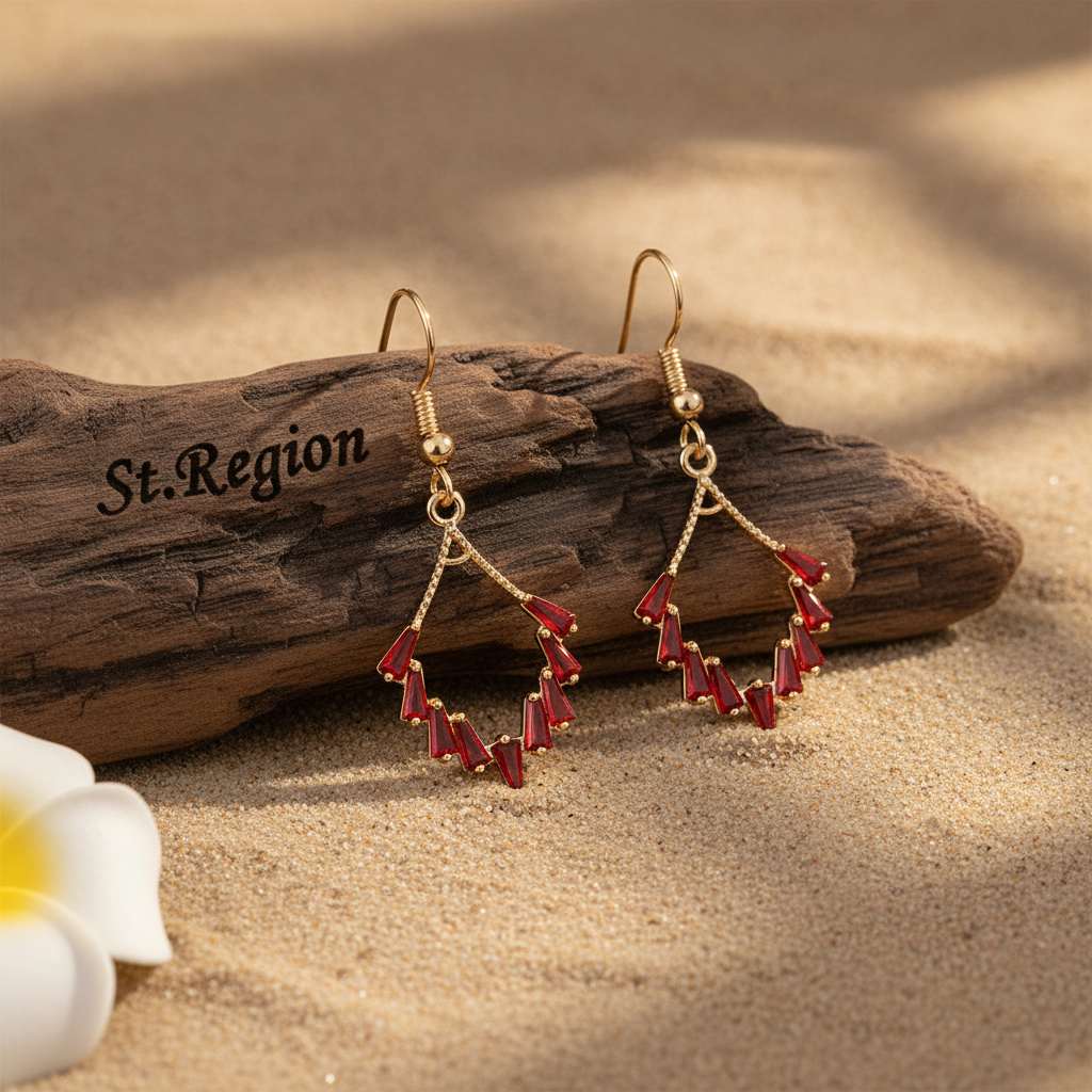 Red Cubic Zirconia & Goldtone Rhombus Hook Earrings