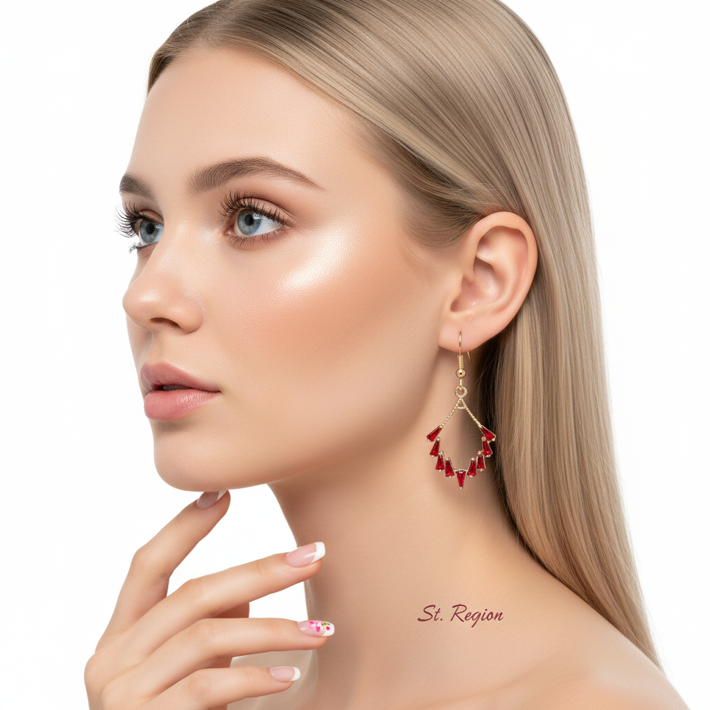 Red Cubic Zirconia & Goldtone Rhombus Hook Earrings