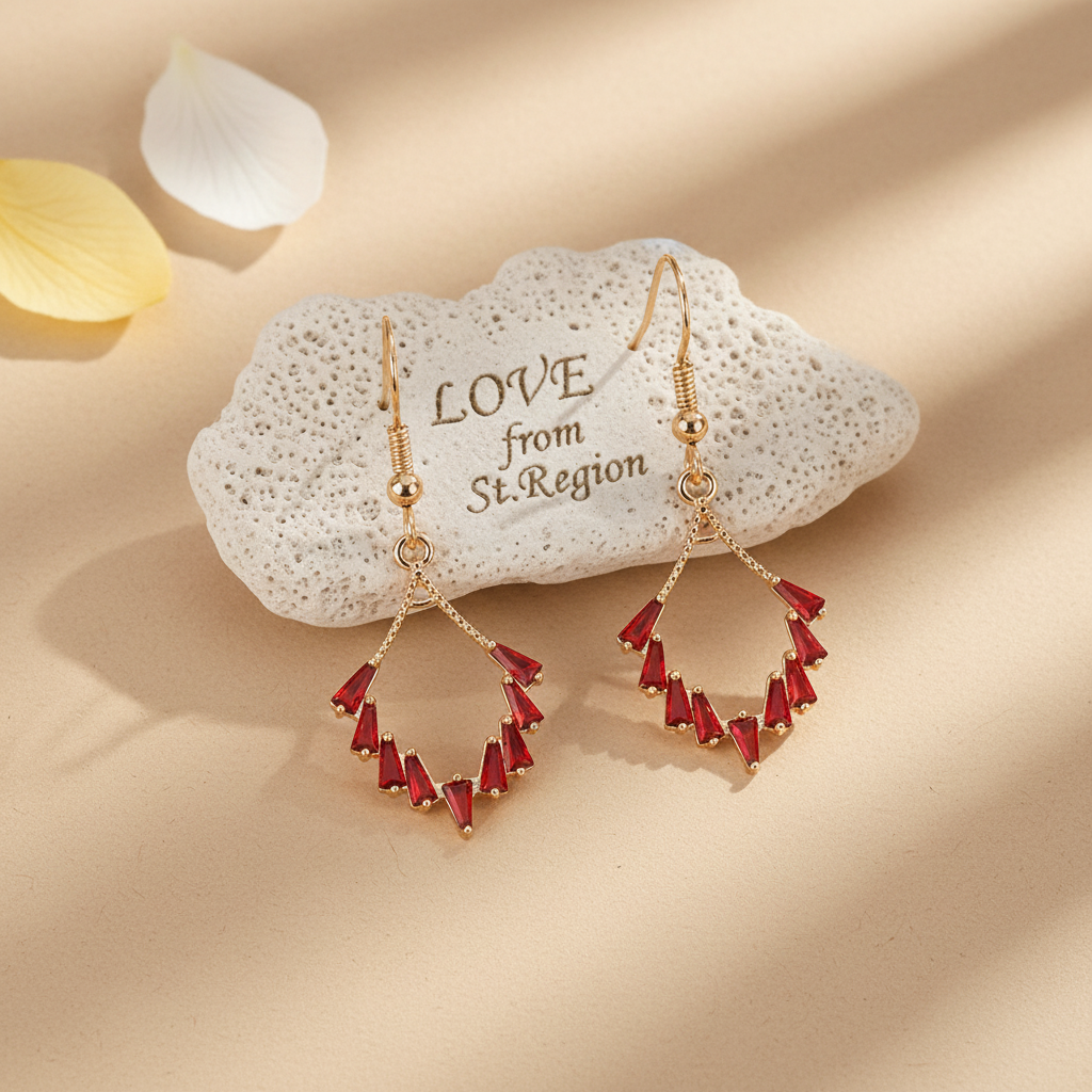 Red Cubic Zirconia & Goldtone Rhombus Hook Earrings