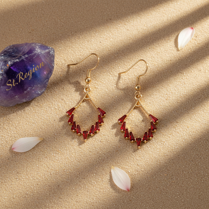 Red Cubic Zirconia & Goldtone Rhombus Hook Earrings