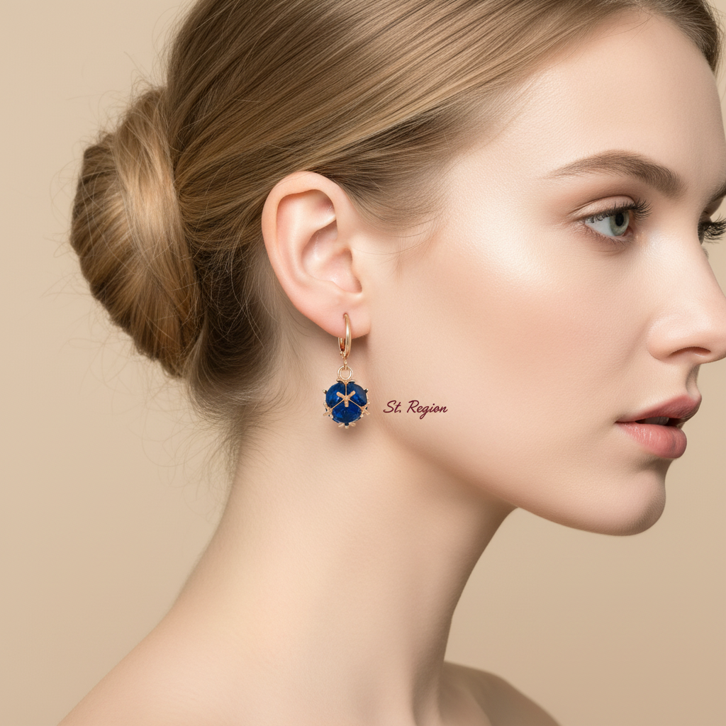 Blue Crystal & Goldtone Ball Huggie Earrings