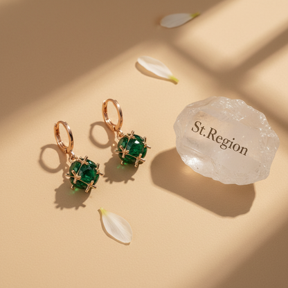 Green Crystal & Goldtone Ball Huggie Earrings