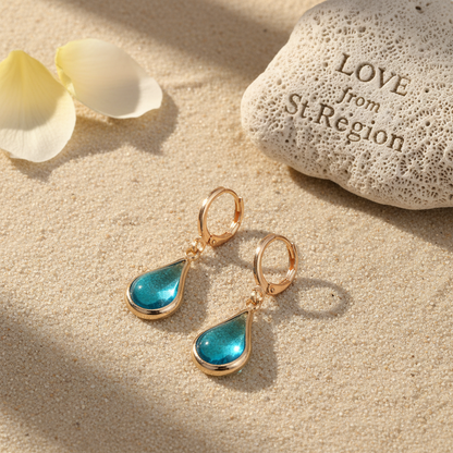 Blue Glass & Goldtone Drop Shape Huggie Earrings