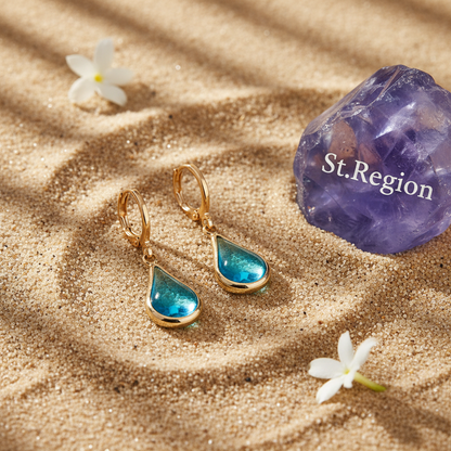 Blue Glass & Goldtone Drop Shape Huggie Earrings