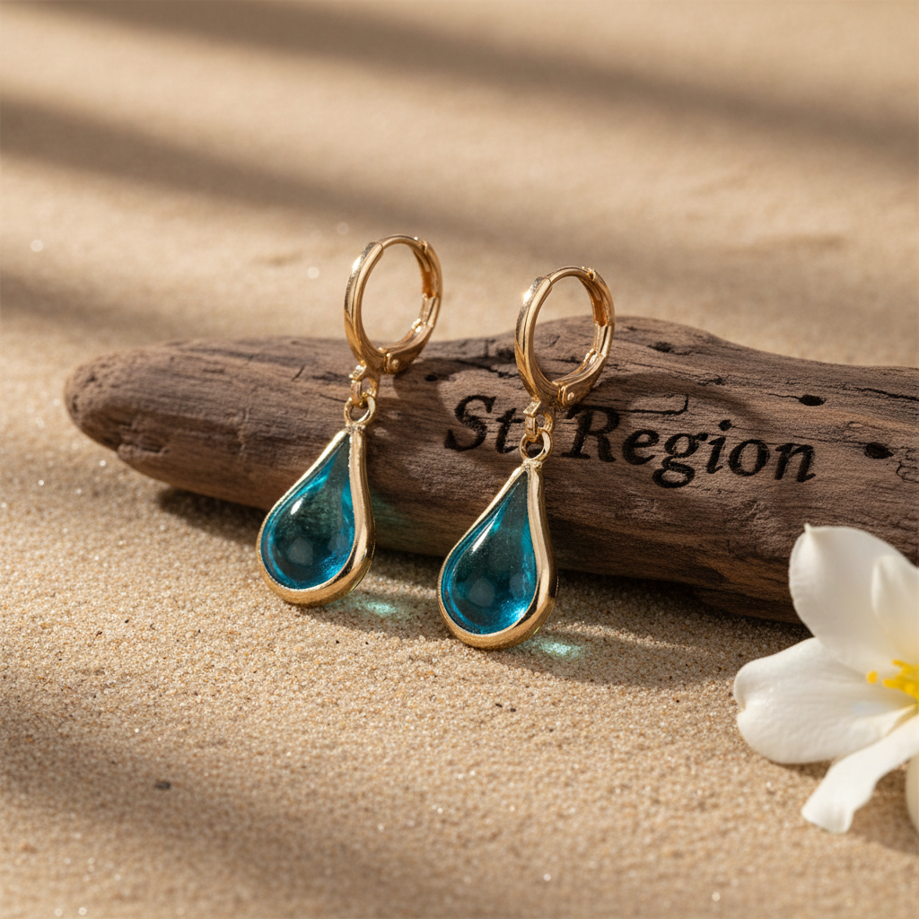 Blue Glass & Goldtone Drop Shape Huggie Earrings