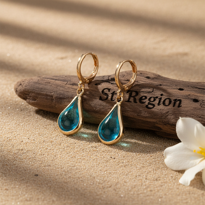 Blue Glass & Goldtone Drop Shape Huggie Earrings