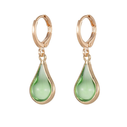 Green Glass & Goldtone Drop Shape Huggie Earrings