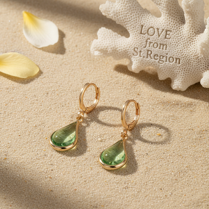 Green Glass & Goldtone Drop Shape Huggie Earrings