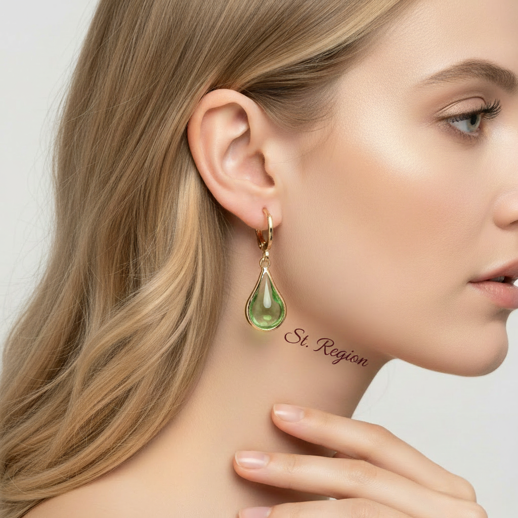 Green Glass & Goldtone Drop Shape Huggie Earrings