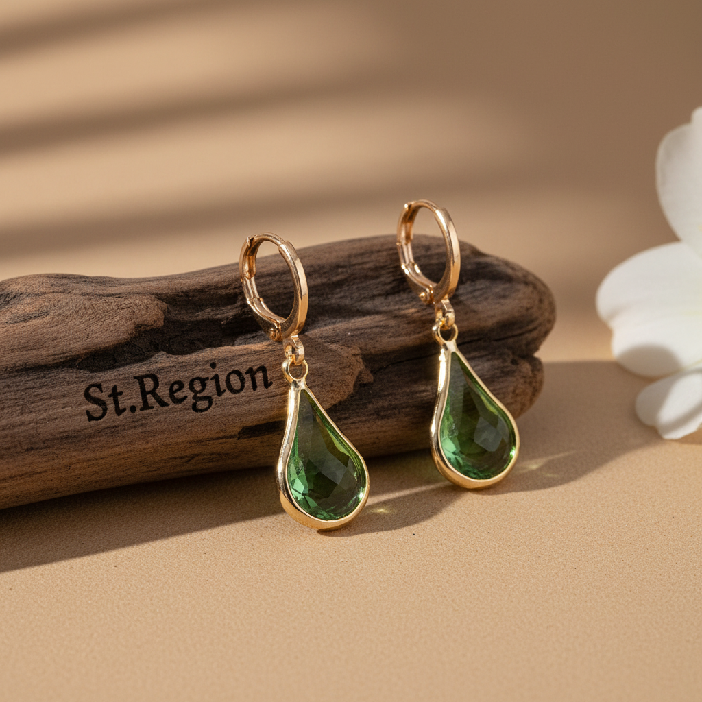 Green Glass & Goldtone Drop Shape Huggie Earrings