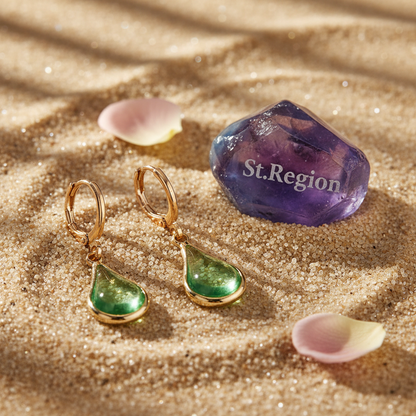 Green Glass & Goldtone Drop Shape Huggie Earrings