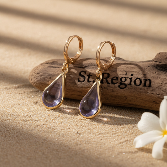 Purple Glass & Goldtone Drop Shape Huggie Earrings