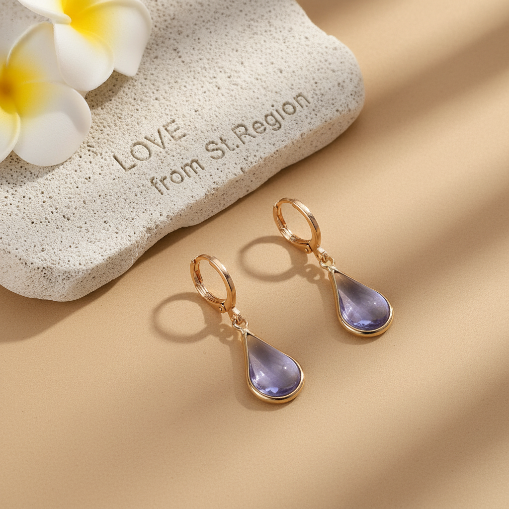 Purple Glass & Goldtone Drop Shape Huggie Earrings