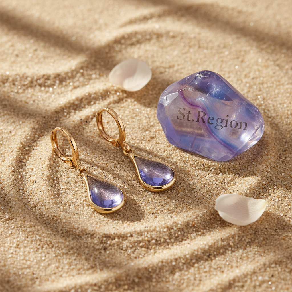 Purple Glass & Goldtone Drop Shape Huggie Earrings