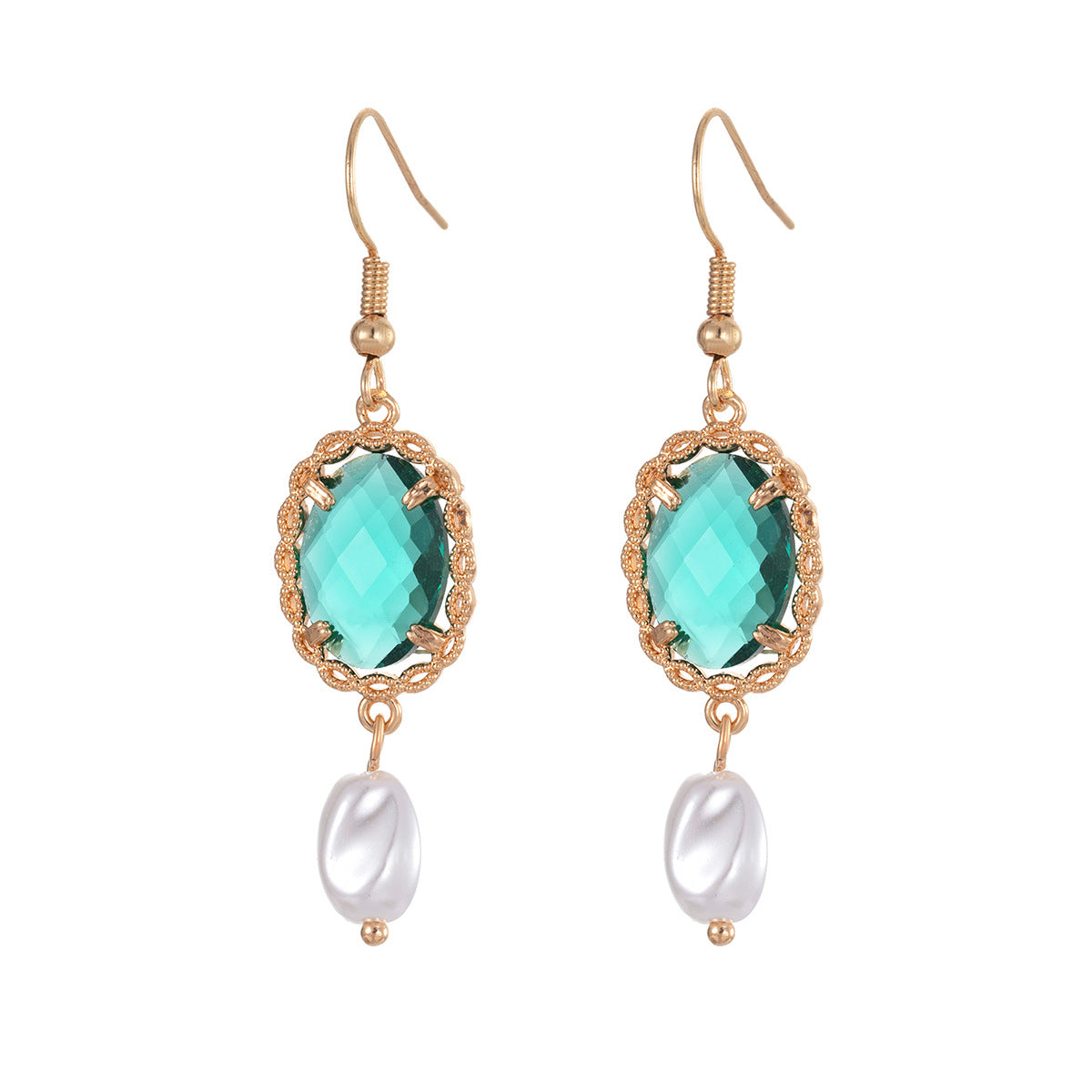 Bluish-Green Crystal & Baroque Pearl Goldtone Oval Hook Earrings