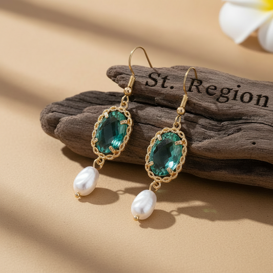 Bluish-Green Crystal & Baroque Pearl Goldtone Oval Hook Earrings
