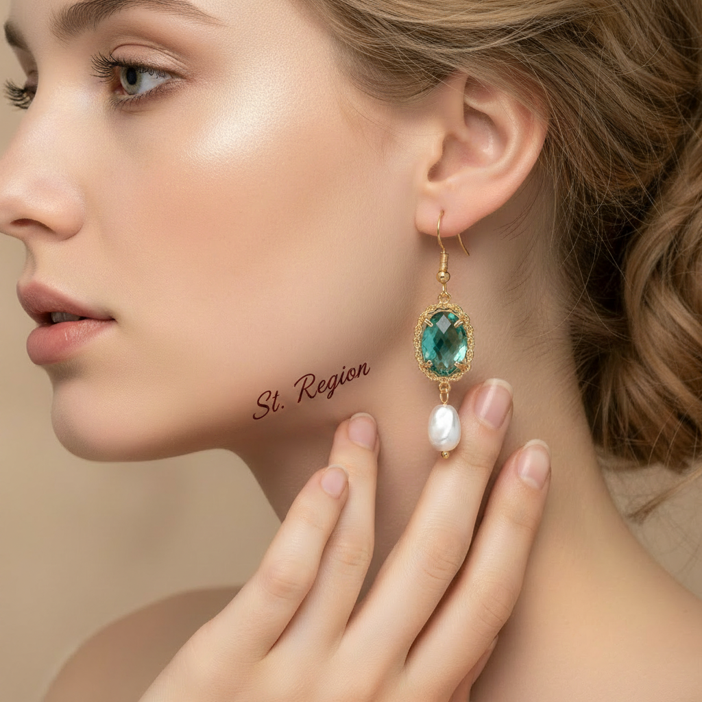 Bluish-Green Crystal & Baroque Pearl Goldtone Oval Hook Earrings